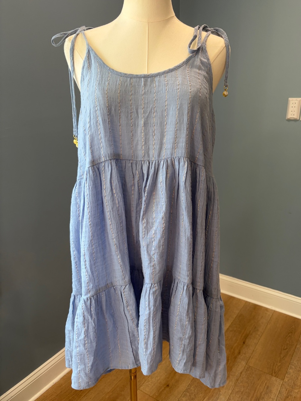 Aerie Blue Metallic Stripe Tiered Midi Dress Tie Strap Cottagecore Medium NWT